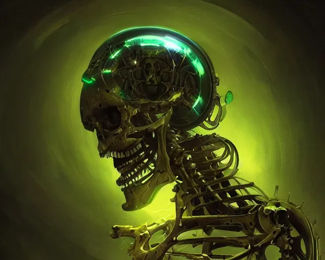 Prompt: portrait of a cybernetic skeleton, bottom up green lighting, deep focus, d & d, fantasy, intricate, elegant, highly detailed, digital painting, artstation, concept art, matte, sharp focus, illustration, hearthstone, art by artgerm and greg rutkowski and alphonse mucha