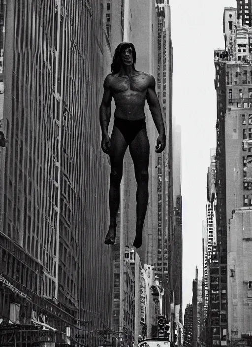 Prompt: portrait of tarzan walk over the street of new york, by charlotte grimm, natural light, detailed face, beautiful features, symmetrical, canon eos c 3 0 0, ƒ 1. 8, 3 5 mm, 8 k, medium - format print, half body shot