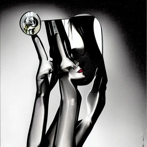 Image similar to gorgeous gynoid touching her own reflection, hyperrealistic, filmatic, dramatic, octane, highly detailed,