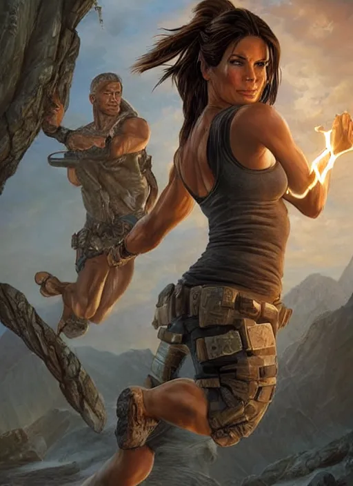 Image similar to muscled Sandra Bullock as Lara Croft as a ruggedly handsome heroine looking directly into the camera, jumping off a glowing artifact lodged in shallow blue glowing water, intricate, elegant, highly detailed, artstation, concept art, smooth, sharp focus, illustration, bokeh art by artgerm and donato giancola and Joseph Christian Leyendecker, WLOP, fireflies, distant snowstorm and thunder