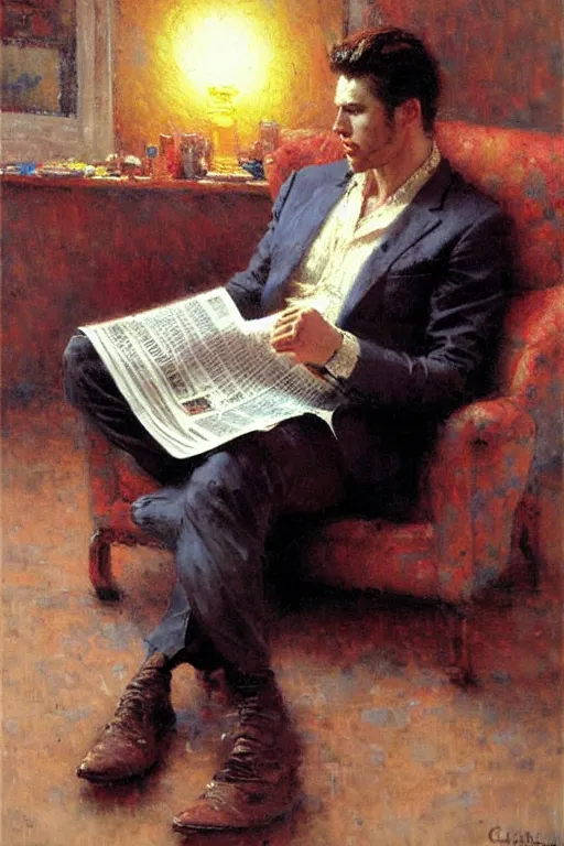 Image similar to attractive man drinking coffee and reading newspaper, painting by gaston bussiere, craig mullins