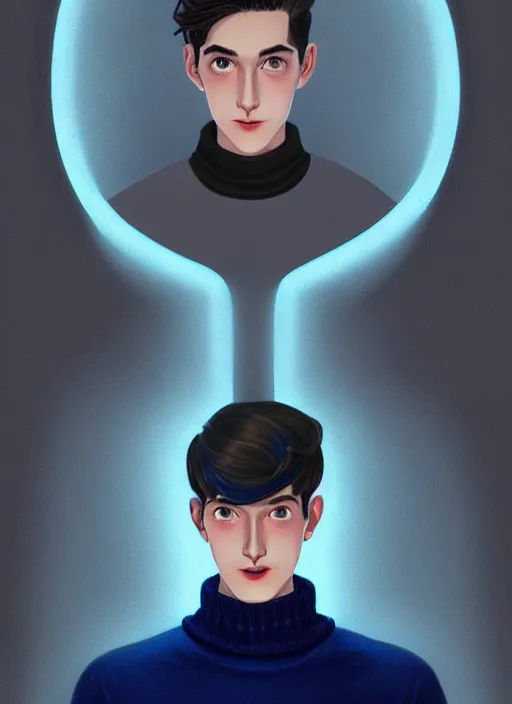 Image similar to portrait of teenage jughead jones wearing a light grey crown, crown, blue turtleneck, 1 9 5 0 s, closed eyes, photorealistic, black hair, glowing lighting, intricate, elegant, glowing lights, highly detailed, digital painting, artstation, concept art, smooth, sharp focus, illustration, art by wlop, mars ravelo and greg rutkowski