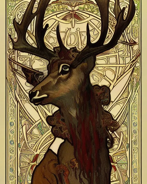 Prompt: an art nouveau painting of a deer with antlers, highly detailed, intricate, artstation, by alphonse mucha