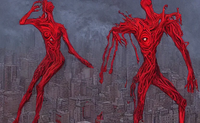 Image similar to an digital art of bodyhorror red alert storm that destroys new york city in style of zdislaw beksinski