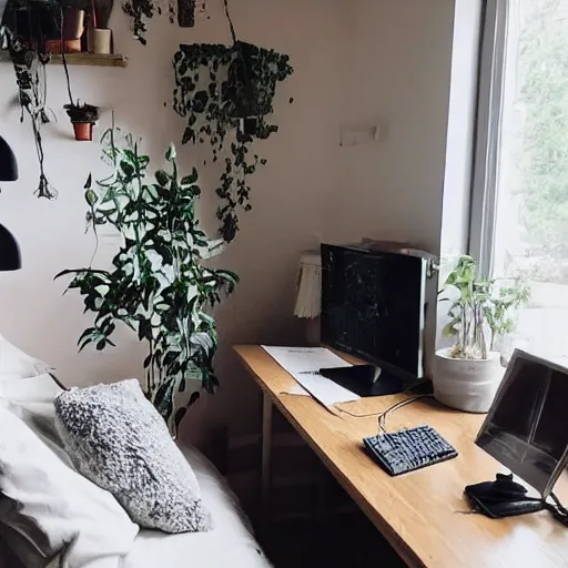 Image similar to a cozy HYGGE gaming station, dim lights, many plants