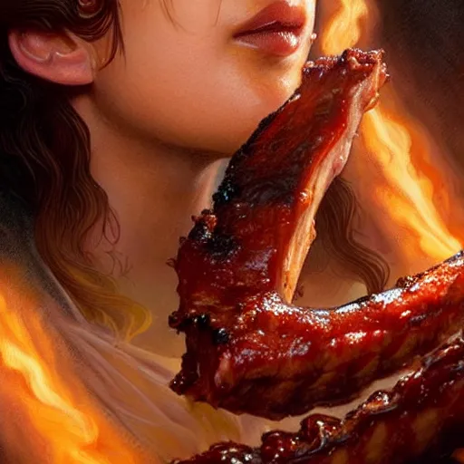 Image similar to Microscopic Life Science Photo Jennifer Lawrence eating a rack of ribs dripping bbq sauce, closeup, D&D, fantasy, intricate, elegant, highly detailed, digital painting, artstation, concept art, matte, sharp focus, illustration, art by Artgerm and Greg Rutkowski and Alphonse Mucha