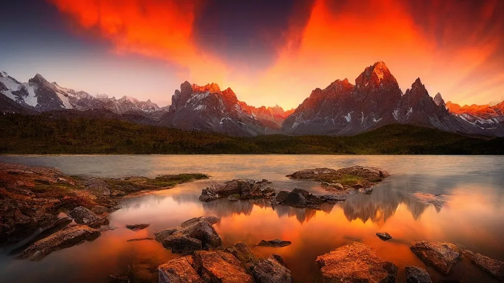 Image similar to amazing landscape photo of mountains with lake in sunset by marc adamus, beautiful dramatic lighting