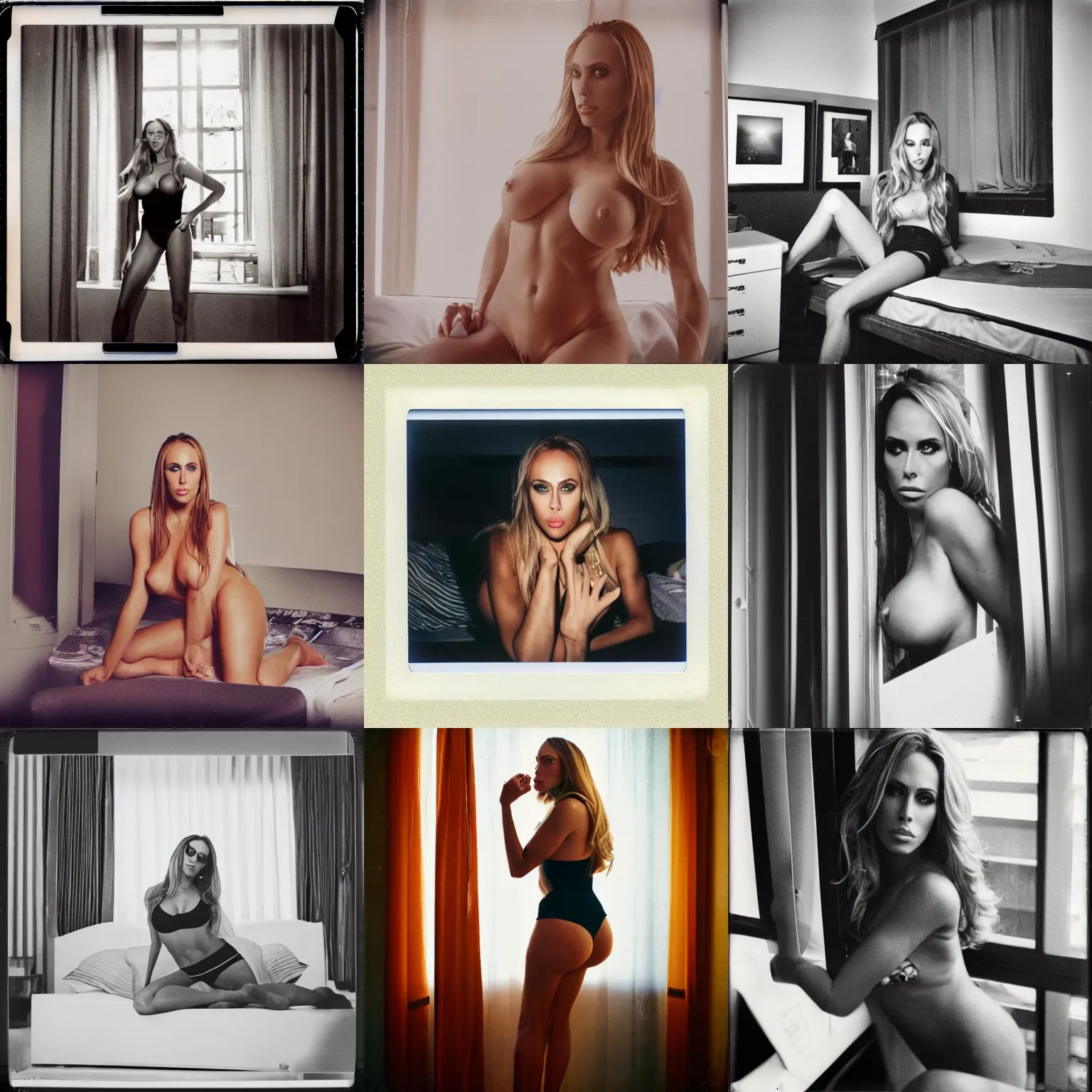 Prompt: photography polaroid portrait of clothed Nicole Aniston watching outside the window. on a bed. in a 70's room full of vinyls and posters, photorealistic, award winning photo, 100mm, sharp, high res