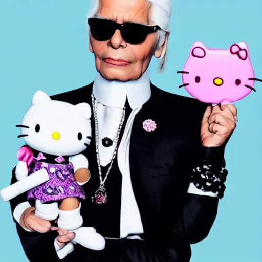 Image similar to photograph of Karl Lagerfeld wearing a hello kitty tshirt , highly detailed, 8k, cinematic,