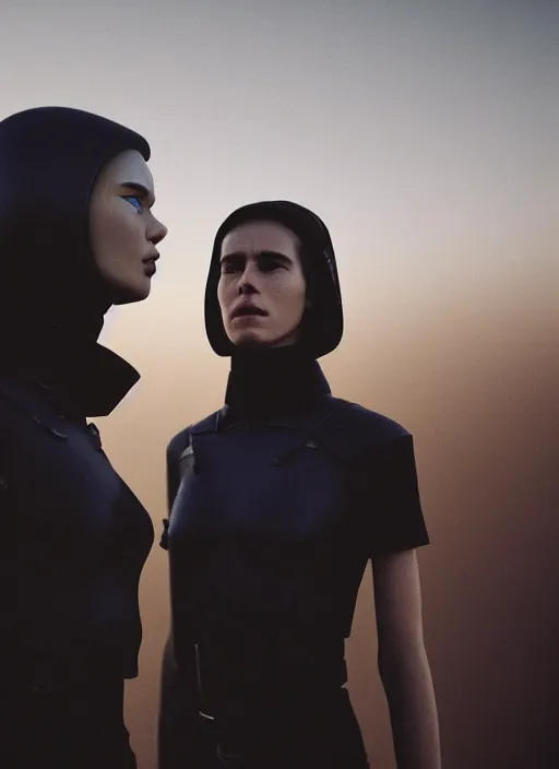 Image similar to cinestill 5 0 d f / 3 2 3 5 mm photographic portrait of two loving female androids wearing rugged black techwear on a desolate plain with a brutalist monument and a red sky, extreme closeup, cyberpunk style, dust storm, 8 k, hd, high resolution, ultra realistic faces, ex machina