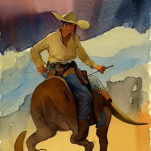 Image similar to a watercolor painting of a cowboy riding a dinosaur in the style of n. c. wyeth and in the style of james gurney.