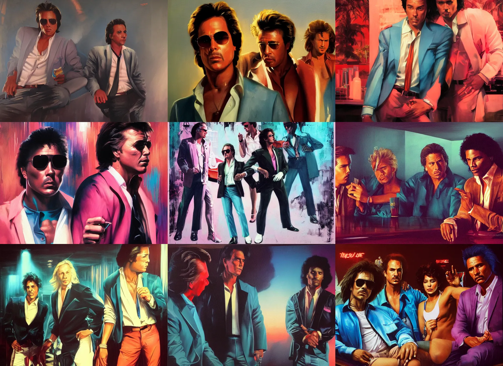 Image similar to a portrait painting of eighties miami vice, night club, don johnson and philip michael thomas, ultra realistic, highly detailed faces, true life, 8 k, masterpiece, cinematic, by frank frazetta, greg rutkowski, yoko taro, christian macnevin, beeple, wlop, krenz cushart, epic character art, volumetric lighting