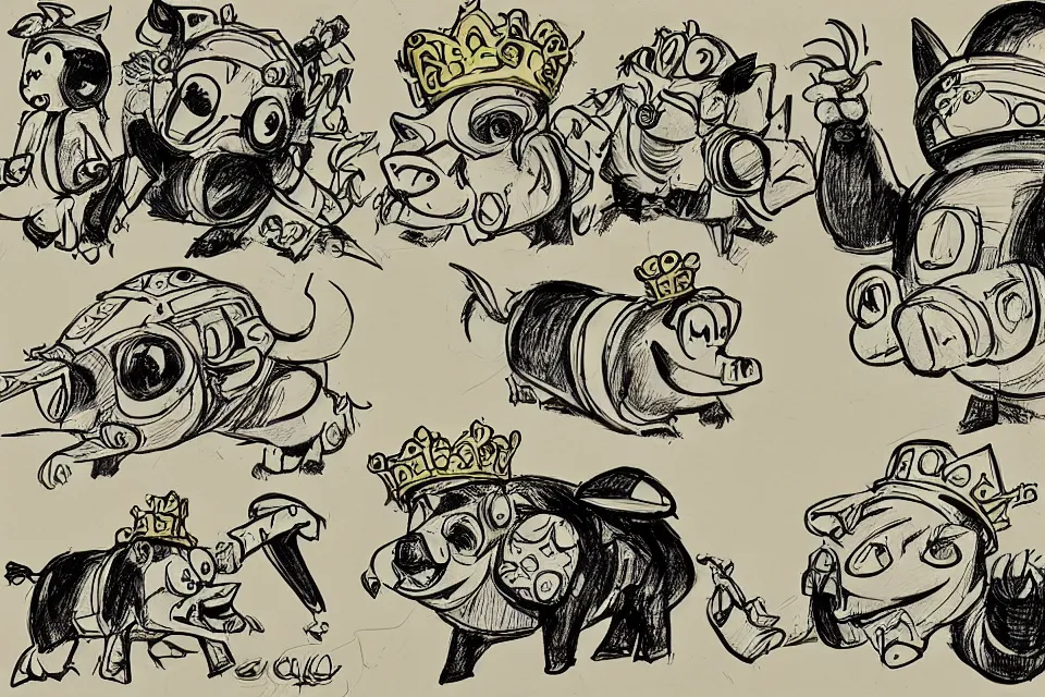 Image similar to concept sketches of a pig wearing a gold crown by jamie hewlett, in the style of megaman