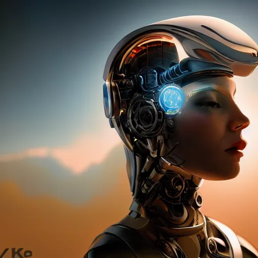 Image similar to masterpiece closeup portrait of a beautiful girl cyborg-armored in a surreal dream landscape, cinematic lighting, Michael Whelan, 8k