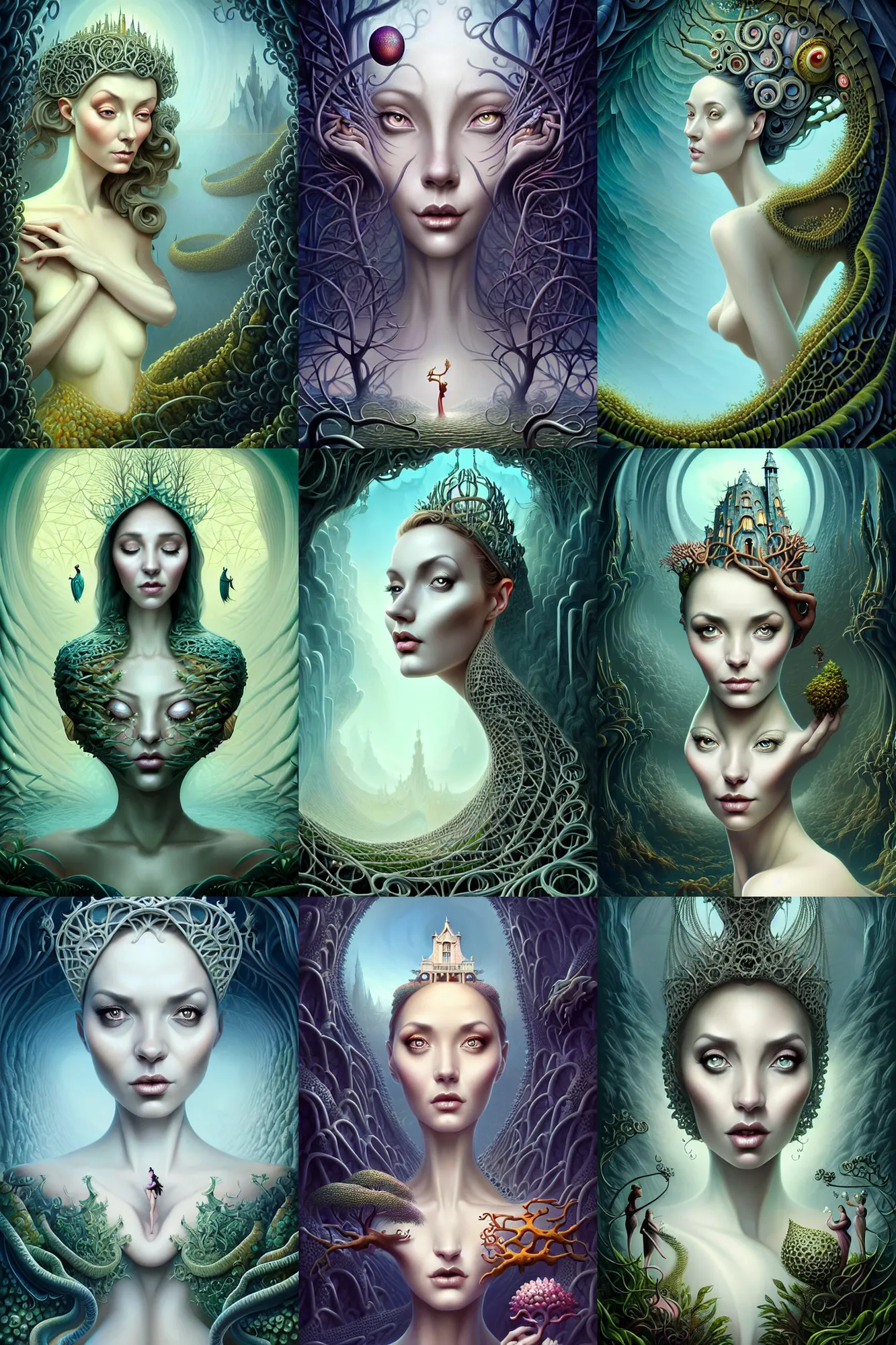 Prompt: a beguiling fantasy matte painting of an intricate beautiful portrait face of a georgeous woman designed by heironymous bosch, structures inspired by heironymous bosch's garden of earthly delights, surreal ice skin structures by cyril rolando and asher durand and natalie shau, insanely detailed, whimsical, intricate, sharp focus