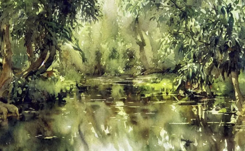 Image similar to watercolor lanscape by anders zorn, jungle nature, fruit trees, very very very very beautiful art, dramatic light, water reflections, aquarelle paint splashes and drips, drops