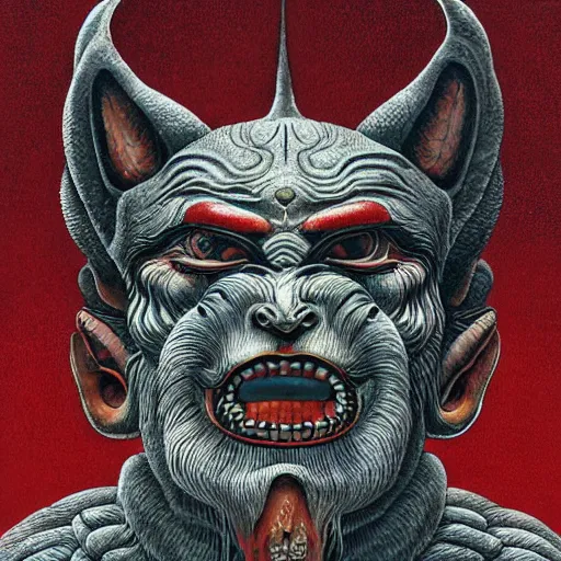 Prompt: a human with wolf head, naraka buddhist demon japan, thailand art, tubular creature, blood vesels, dystopian surrealism, artstyle alex ries zdzisław beksinski, symmetry accurate features, very intricate details, high resolution, symmetrical long head, smooth marble surfaces, detailed ink illustration, metal gear, cinematic smooth stone, deep aesthetic, concept art