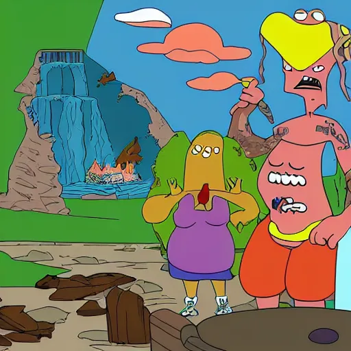 Prompt: American Dad's Roger the Alien, Frank Zappa, Jimi Hendrix, Brock Lesnar, a waterfall and pond, sunrise, campfire, a pot of gold, high definition