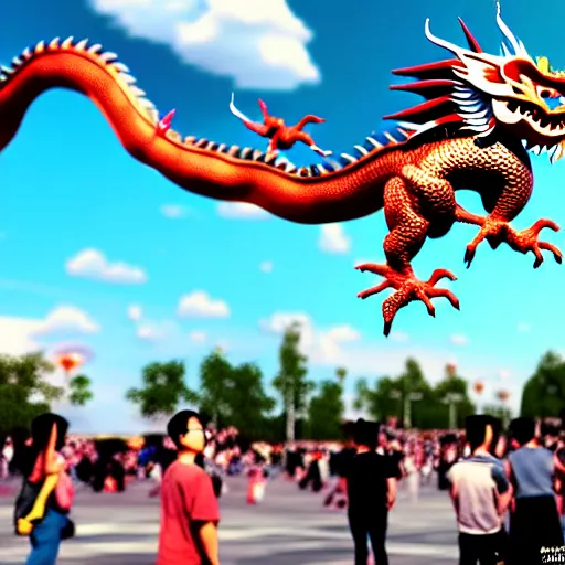 Image similar to people watching a chinese dragon flying in the sky, hyperrealistic, 3 d