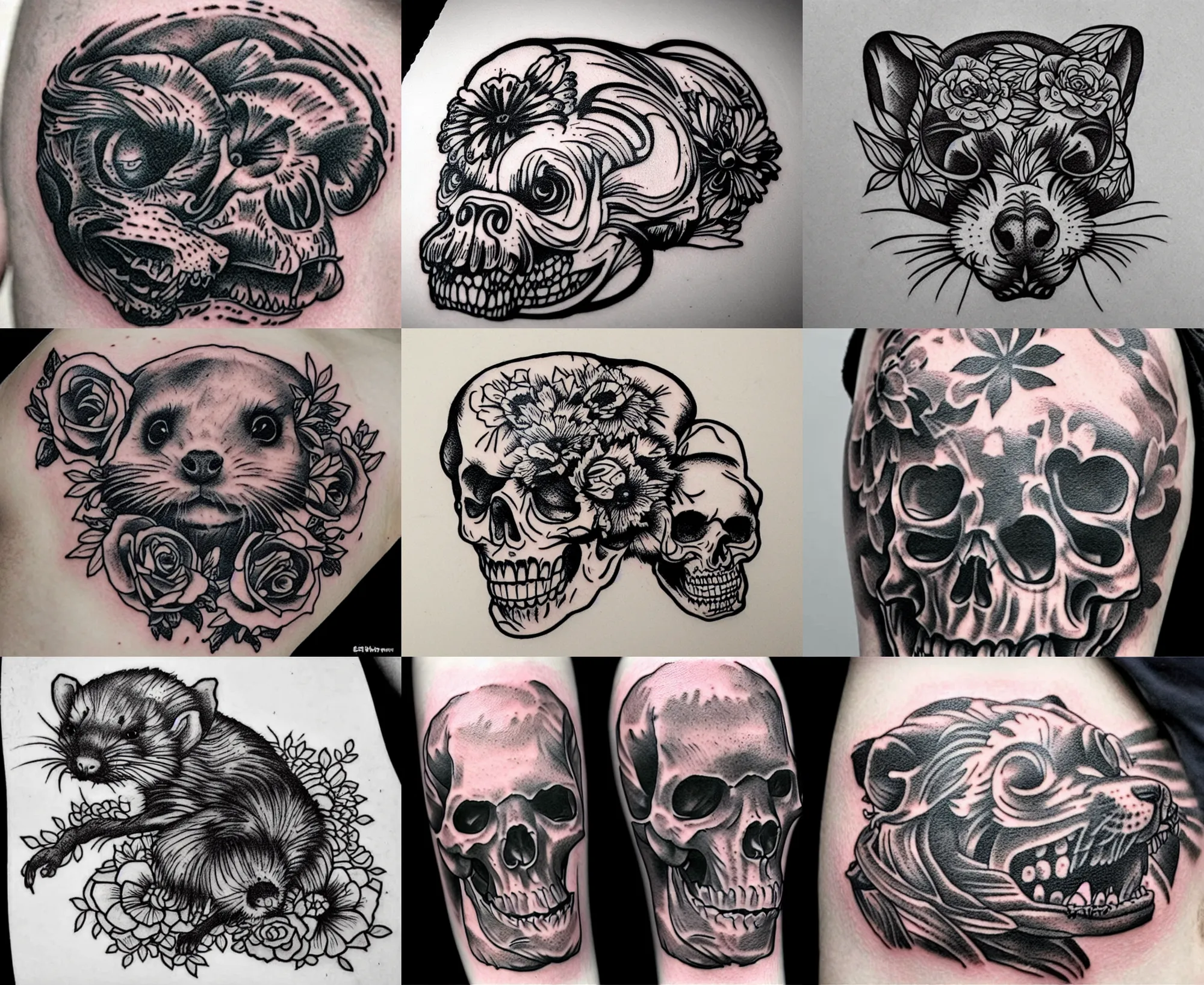 Image similar to detailed amazing tattoo stencil of a floral ferret crawling on a human skull