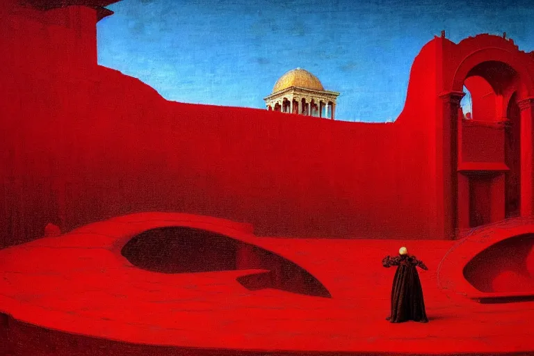 Image similar to only with red, a red melted emperor, taormina amphitheatre, crowd hails him, in the style of beksinski, parts by edward hopper, parts by rodcenko, parts by yue minjun, intricate and epic composition, red by caravaggio, insanely quality, highly detailed, masterpiece, red light, artstation, 4 k