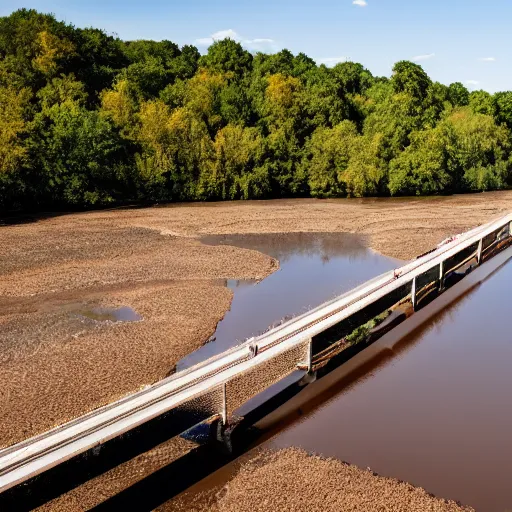 Image similar to drought of the river nearby nijmegen with a bridge over the river and single bike standing in the middle of the dried up river, picture, 4 k, realistic, sunny weather, blue sky