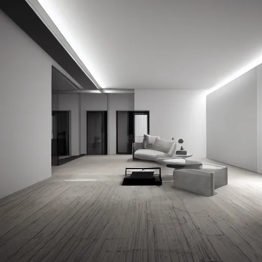 Image similar to render of a minimalistic studio loft, caustics