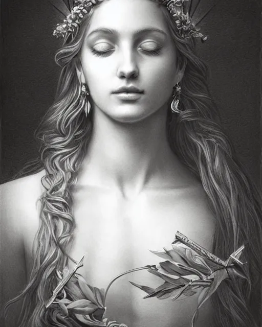 Prompt: pencil drawing of a beautiful greek goddess aphrodite wearing a laurel wreath and arrowhead earrings, beautiful confident eyes, beautiful flowing hair, glowing god eyes, hyper realistic face, in the style of greg rutkowski, fantasy, amazing detail, epic, elegant, smooth, sharp focus, from the front