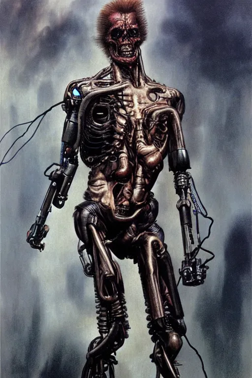 Image similar to the terminator in the style of wayne barlowe, gustav moreau, goward, bussiere, roberto ferri, santiago caruso, luis ricardo falero, frazetta