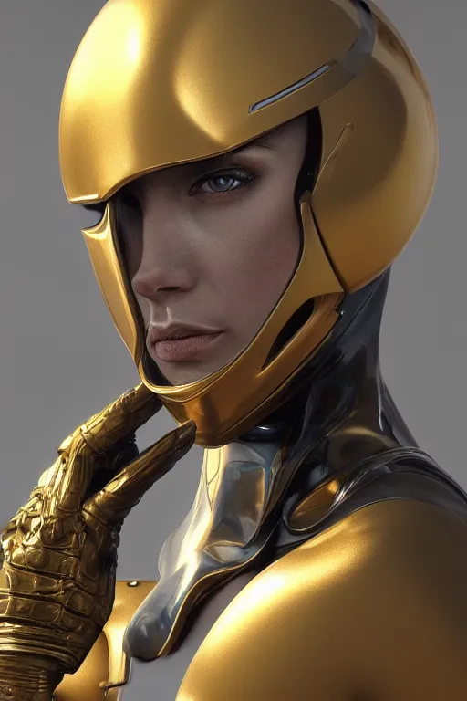 Image similar to bodysuit and zynoid helm, reflections, focus, detailed, realistic eyes, symmetric body features proportions, golden ratio face, intricate facial skin details, award winning, trending in cgsociety artstation deviant art, octane render, by boris Vallejo