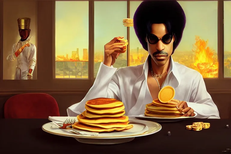 Image similar to portrait of the artist formally known as prince with a plate of pancakes, casino on fire los vegas, charlie bowater, artgerm, ilya kuvshinov, krenz cushart, ruan jia, realism, ultra detailed, 8 k resolution