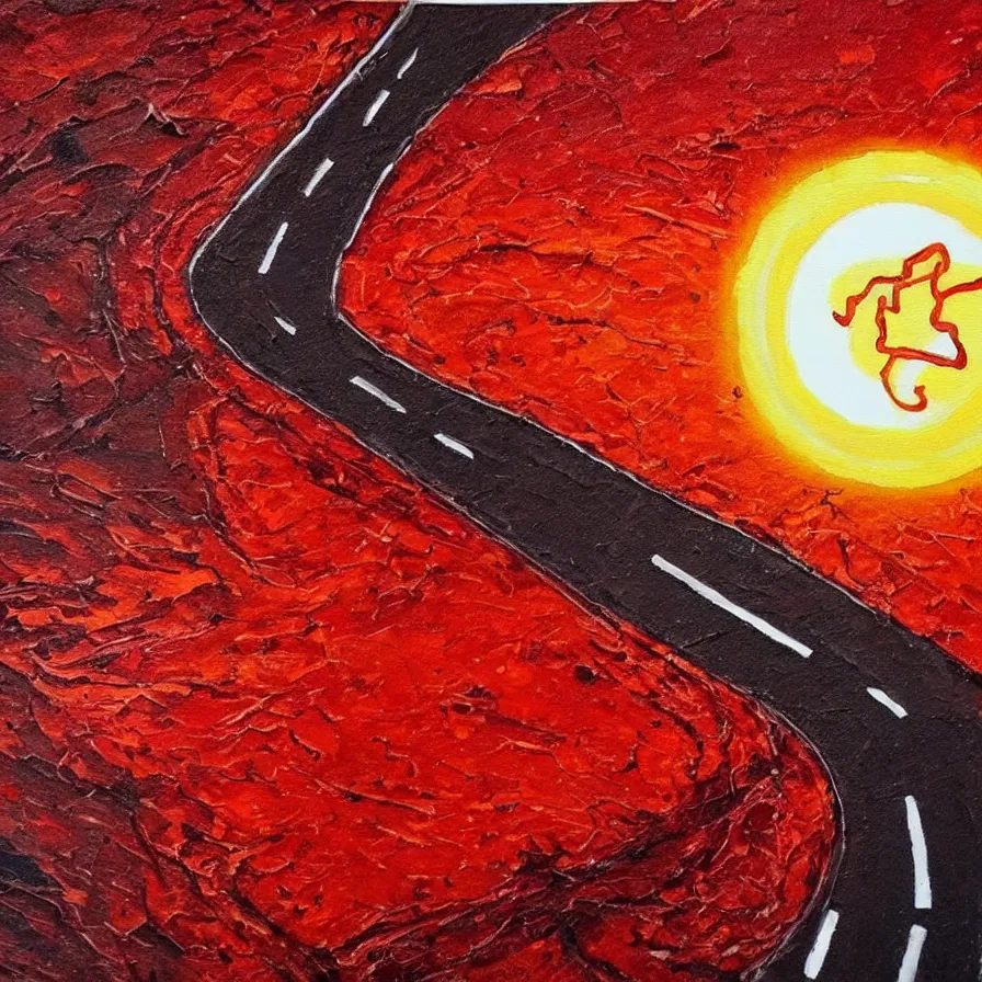 Image similar to creative original painting of a highway road that is a blood artery leading to the heart's core, which is like the sun.