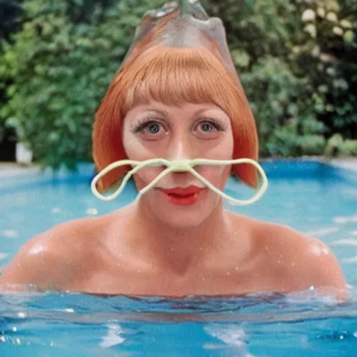 Image similar to a woman wearing a long nose in a swimming pool live-action childrens television show 1974 technicolor