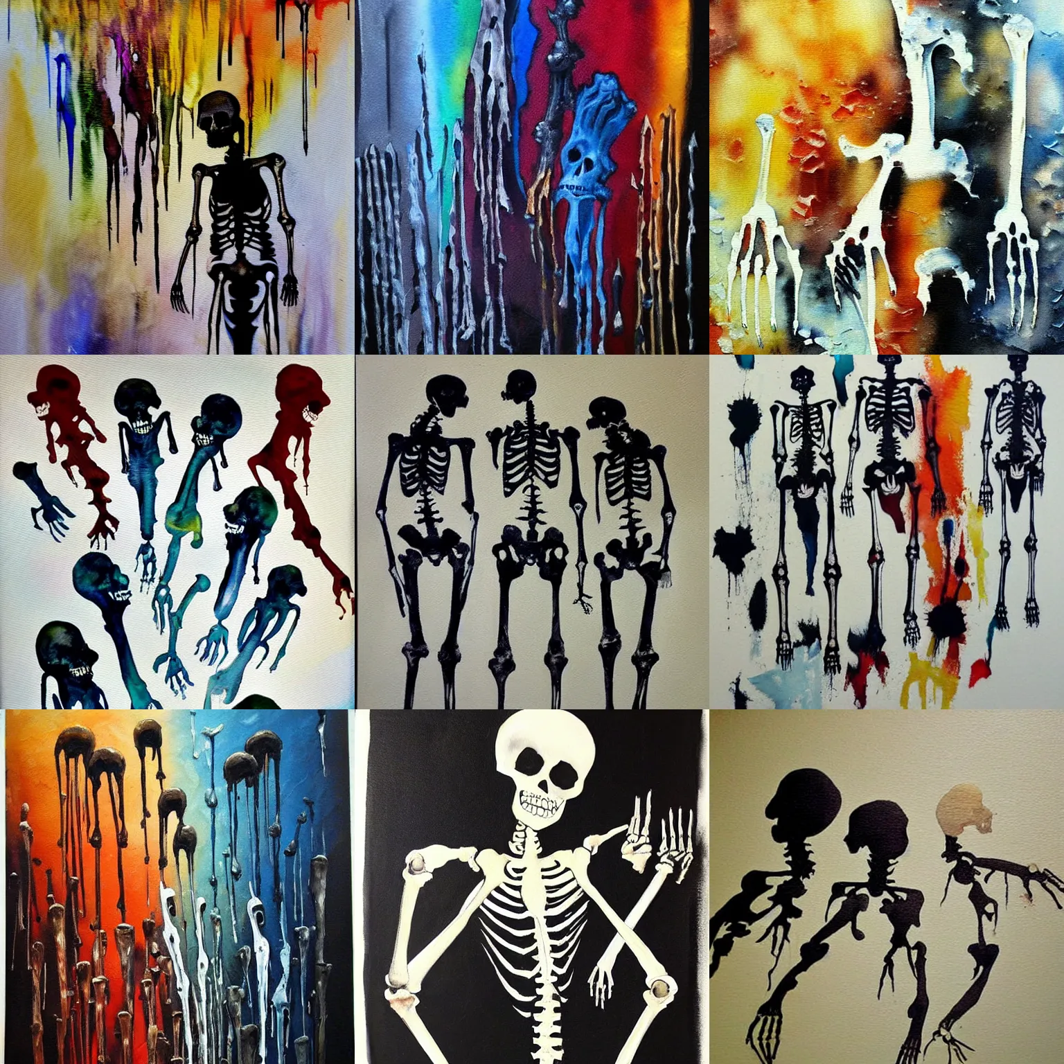 Prompt: oil painting, abstract art, watercolor painting, of a silhouette, bones, skeletons , dripping paint