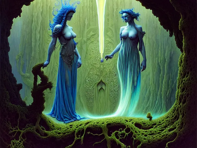 Prompt: the female arcanist and the male artificer by ferdinand knab and roger dean and brom and zdzisław beksinski and greg staples and louis janmot, beautiful, flowing magical robe, highly detailed, hyperrealistic, intricate, energy, electric, blue flame, low light, green crystal, high contrast, old and young, lifelike