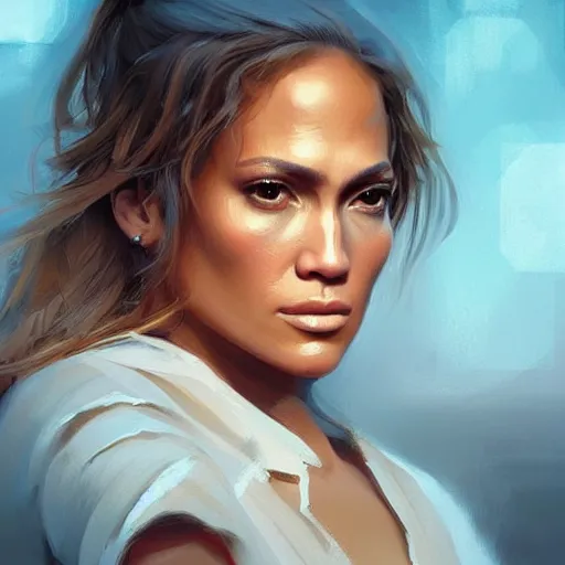 Image similar to “ portrait of jennifer lopez by greg rutkowski, young, attractive, highly detailed portrait, scifi, digital painting, artstation, concept art, smooth, sharp foccus ilustration, artstation hq ”