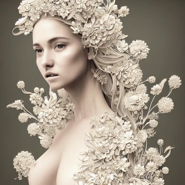 Image similar to photo portrait of a beautiful woman like a queen-flower-angel, dressed in long elegant intricate ornamental flowers white dress, natural skin tone, intricate fractal highly detailed flowers ornament in the upper side of breast, bust with a very long neck , elegant, highly detailed intricate flowers ornament in her blond long hair, Realistic, Refined, Highly Detailed, Cinematic pastel Lighting, fine art photography by Paolo Roversi, volumetric lighting, hyper realistic photography