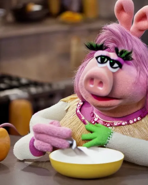 Image similar to photoshoot of muppet miss piggy preparing a meal, 8 k, photorealistic