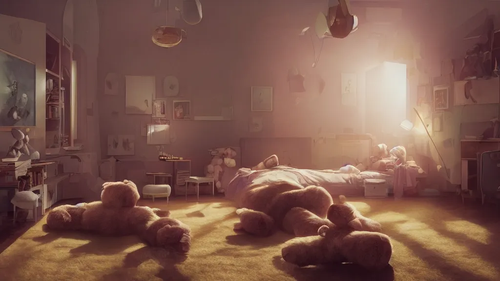 Image similar to a Photorealistic hyperrealistic render of an interior of a spoiled child's beautiful bedroom with a giant teddy bear sitting on the floor by PIXAR,Greg Rutkowski,WLOP,Artgerm,dramatic moody sunset lighting,long shadows,Volumetric, cinematic atmosphere, Octane Render,Artstation,8k