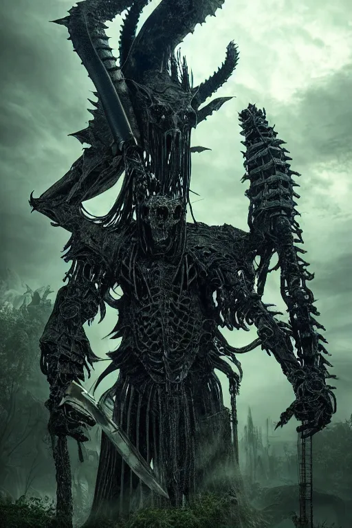 Image similar to post - gothic giant creepy chimera, exoskeleton armor, holding shiny katana, dystopian ruins covered in vegetation, highly detailed smooth digital art masterpiece, vitaly bulgarov giger dramatic dark blue light, ground angle hd 8 k, sharp focus