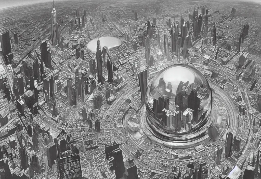 Prompt: New New York in Mars under a giant glass dome, high contrast, Ludek Pesek, Rick Guidice, Chesley Bonestell, Lucien Rudaux, Rolf Klep, Fred Freeman, George Pal