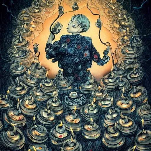 Image similar to epic view of a giant birthday cake with lit candles by junji ito and james jean and esao andrews, cake, candles, 4 k, hyperdetailed, hyperrealistic, trending on artstation, pencil art on paper, horror, dramatic lighting