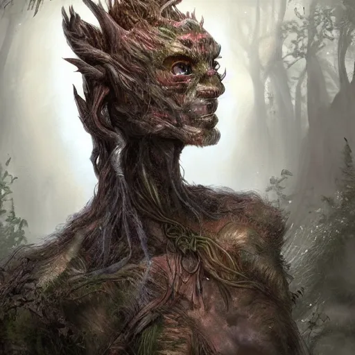 Prompt: a highly detailed portrait of a humanoid creature standing in a fantasy forest concept art