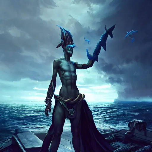 Image similar to a dramatic portrait of a triton warlock, blue skin, sharklike person, standing on a ship deck by Greg Rutkowski, ultra realistic, photorealistic 8k, cinematic lighting, HD, high detail, atmospheric, trending on artstation