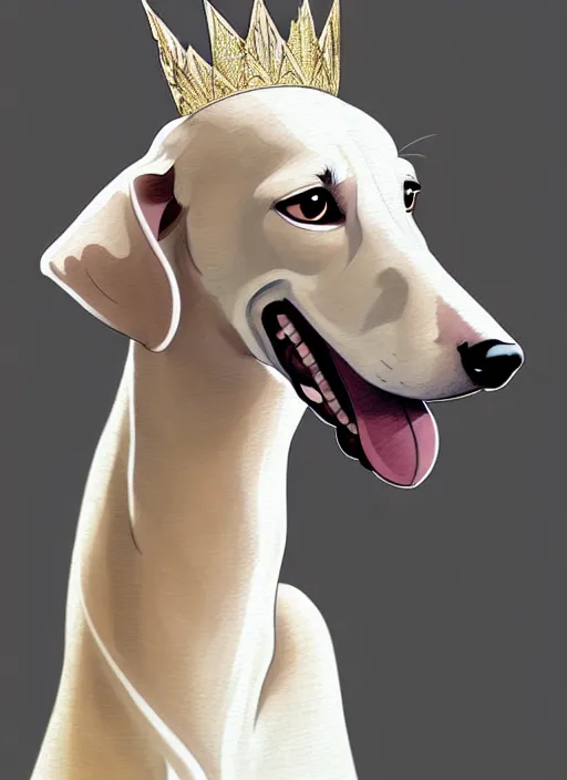 Prompt: cute white brown greyhound wearing paper crown, natural lighting, path traced, highly detailed, high quality, digital painting, by don bluth and ross tran and studio ghibli and alphonse mucha, artgerm