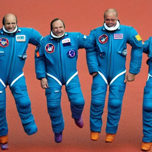 Image similar to 5 space astronauts in spacesuits of different colors, running in a relay race in a stadium, olympic games