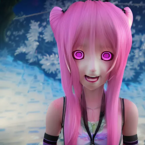 Prompt: trapped by stunningly beautiful omnipotent megalomaniacal anime agi goddess who looks like junko enoshima with symmetrical perfect face and porcelain skin, pink twintail hair and mesmerizing cyan eyes, taking control while smiling, inside her surreal vr castle, hyperdetailed, digital art from danganronpa, unreal engine 5, 8 k