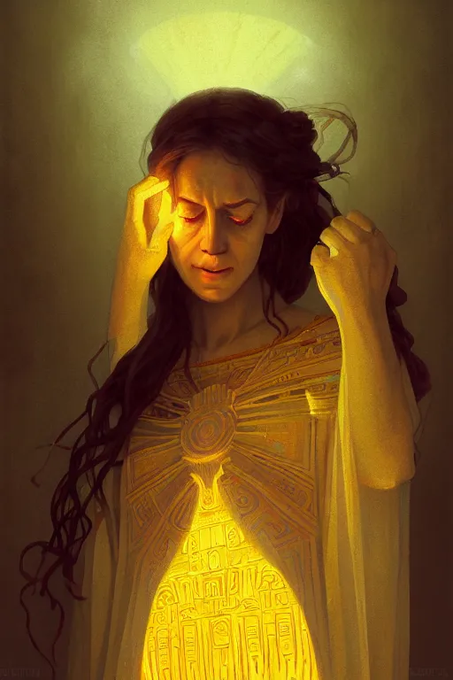 Image similar to high detail portrait of a possessed woman wearing an ancient greek tunic made of yellow paper, stephen bliss, fantasy art by greg rutkowski, rhads, ferdinand knab, makoto shinkai and lois van baarle, ilya kuvshinov, rossdraws, tom bagshaw, global illumination, radiant light, ancient greek temple ruins, green blue color theme