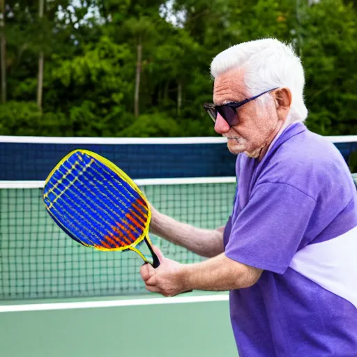 Prompt: an old man white hair and circular glasses holding a cane in one hand and a pickleball paddle in the other, 8 k photograph