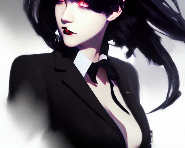 Image similar to a ultradetailed beautiful portrait panting of a stylish goth woman, wearing a shirt with a tie, dramatic, she has black hair, fashion, by makoto shinkai, greg rutkowski and hajime sorayama, trending on artstation